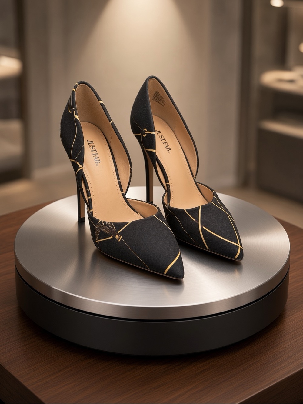 JustFab Black Heels with Gold Accent Pointed-Toe Stilettos